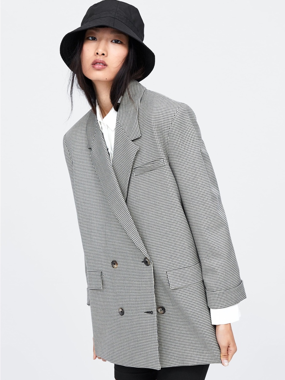 Zara Black and White Houndstooth Double-Breasted Blazer